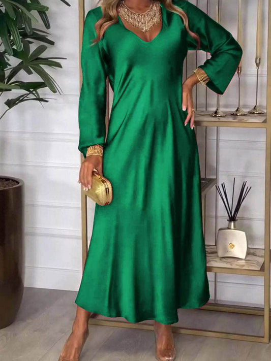 Full Size V-Neck Long Sleeve Midi Dress Plus Size - IntuitiveEncBoutique
