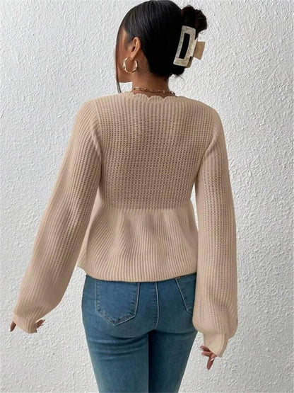 Scalloped V-Neck Drawstring Knit Top - IntuitiveEncBoutique