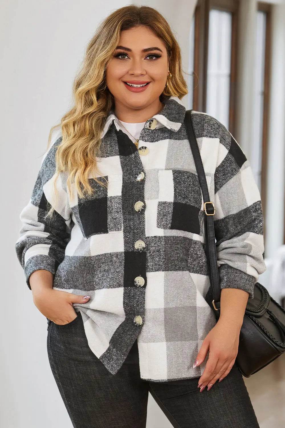 Plus Size Plaid Button Up Collared Neck Jacket - IntuitiveEncBoutique