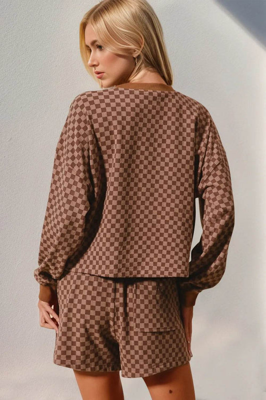 Double Take Checkered Half Button Top and Shorts Set - IntuitiveEncBoutique