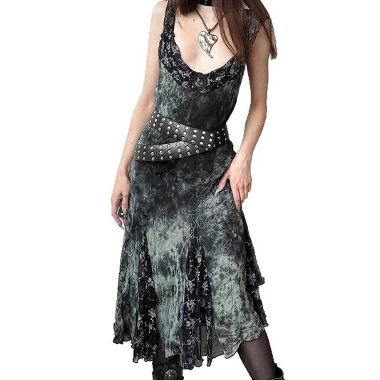 Gothic Vintage Tie-Dye Floral Ruffle Irregular Hem Dress with Sexy Lace Mesh Sleeveless Long Skirt - IntuitiveEncBoutique