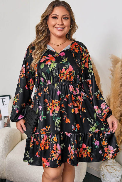 Black Plus Size Floral Print Tie Neck Cinched Waist Long Sleeve Mini Dress - IntuitiveEncBoutique
