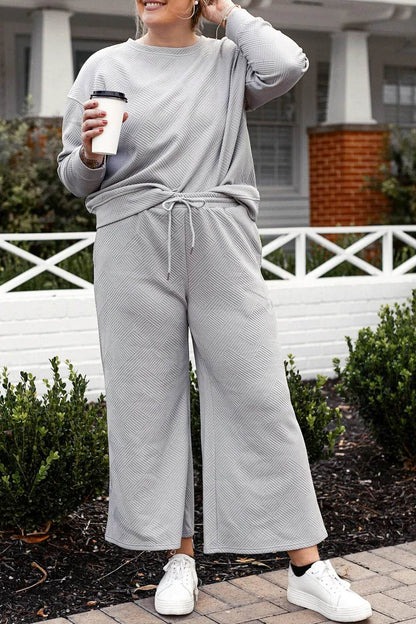 Double Take Full Size Textured Long Sleeve Top and Drawstring Pants Set - IntuitiveEncBoutique