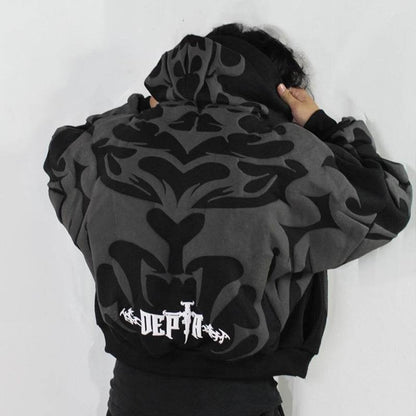 Irregular Letter Foaming Loose Street Trend Zipper Hooded Sweatshirt - IntuitiveEncBoutique