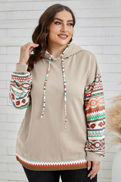 Plus Size Waffle-Knit Geometric Dropped Shoulder Hoodie - IntuitiveEncBoutique