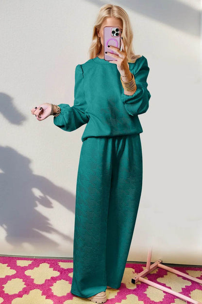 Double Take Texture Long Sleeve Top and Wide Leg Pants Set - IntuitiveEncBoutique