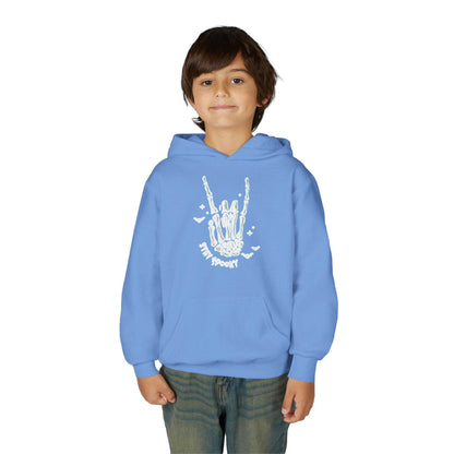 Youth Ghostly Rocker Hoodie - Stay Spooky Sweatshirt, Halloween Apparel, Youth Fashion, Skeleton Design, Cozy Gift - IntuitiveEncBoutique