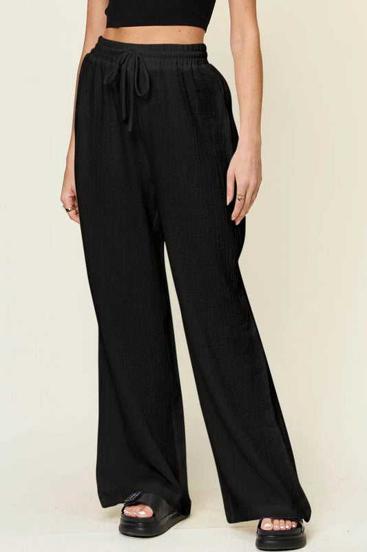 Double Take Full Size Texture Drawstring Wide Leg Pants - IntuitiveEncBoutique