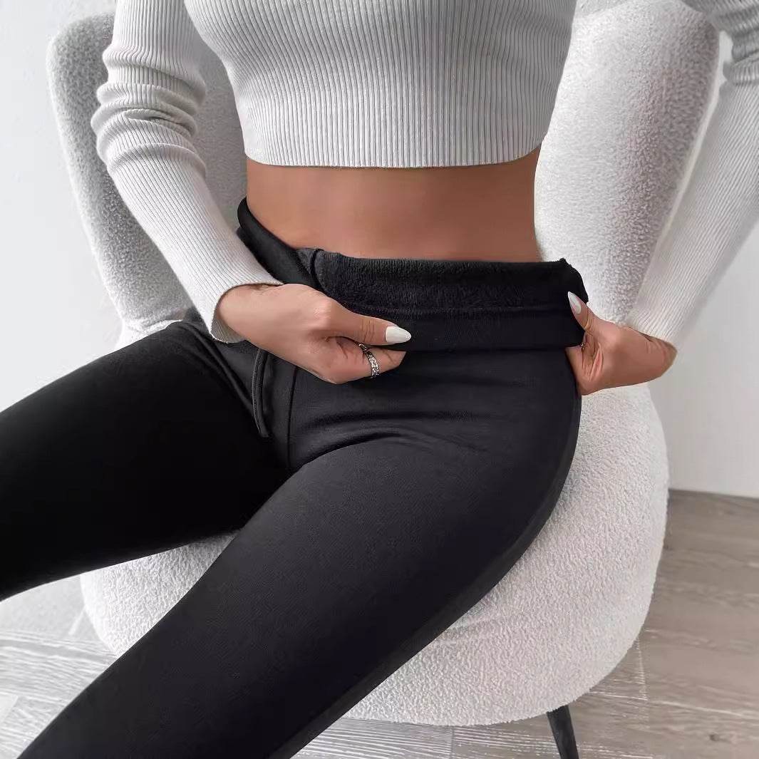 Pure Color Fleece Drawstring Slim Warm High-Waist Outerwear Leggings - IntuitiveEncBoutique
