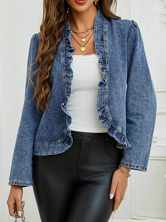 Ruffle Trim Cropped Denim Jacket - IntuitiveEncBoutique