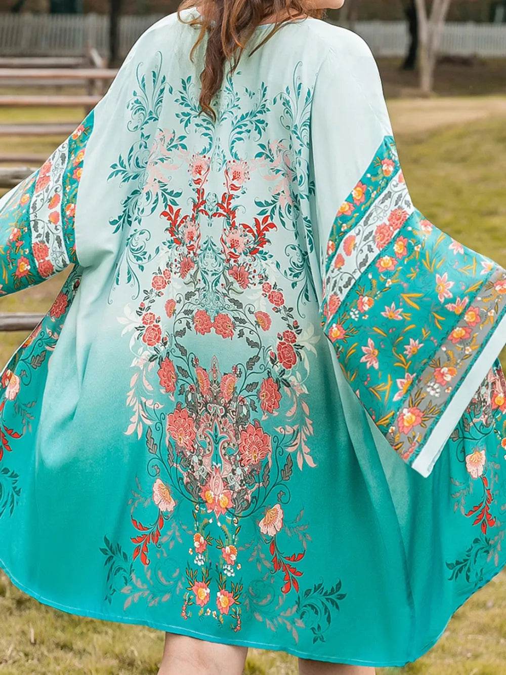 Plus Size Printed Open Front Long Sleeve Cover Up - IntuitiveEncBoutique