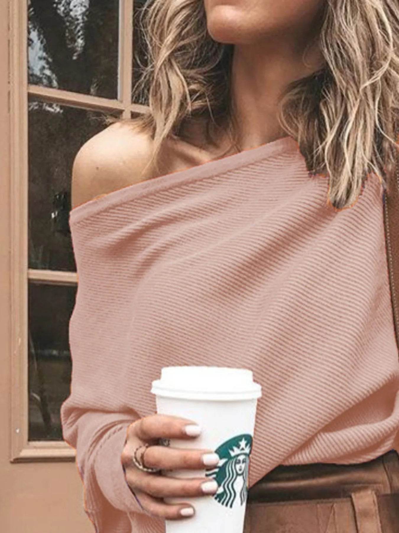 Full Size One-Shoulder Ribbed Sweater Plus Size - IntuitiveEncBoutique