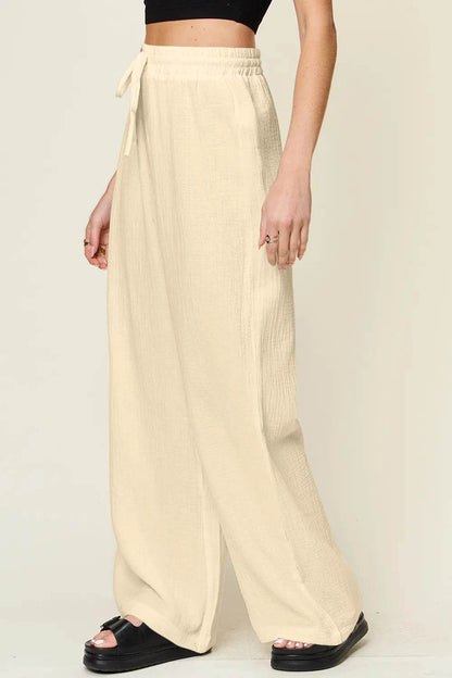 Double Take Full Size Texture Drawstring Wide Leg Pants - IntuitiveEncBoutique