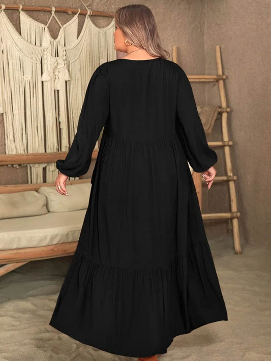 Plus Size Ruffled V-Neck Long Sleeve Dress - IntuitiveEncBoutique
