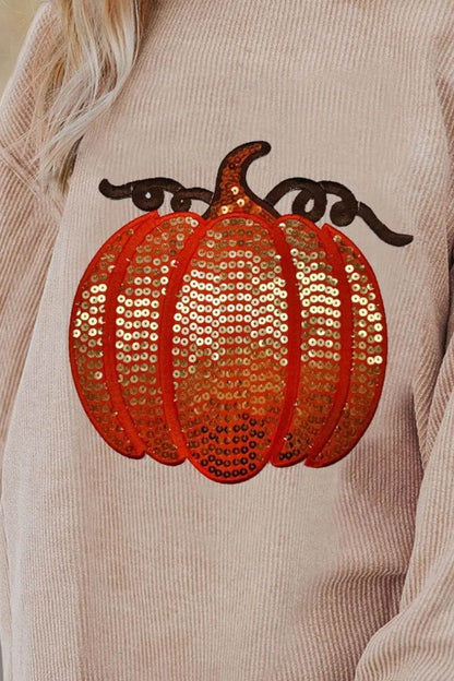 Sequin Pumpkin Round Neck Long Sleeve Sweatshirt - IntuitiveEncBoutique