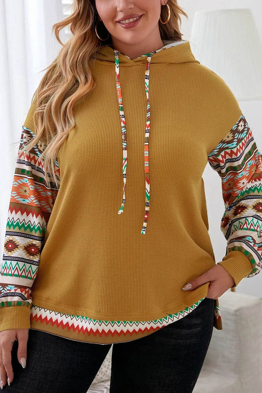 Plus Size Waffle-Knit Geometric Dropped Shoulder Hoodie - IntuitiveEncBoutique