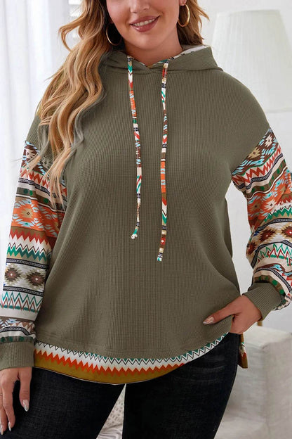 Plus Size Waffle-Knit Geometric Dropped Shoulder Hoodie - IntuitiveEncBoutique