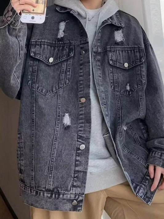 Men's Full Size Distressed Button Up Denim Jacket Plus Size - IntuitiveEncBoutique