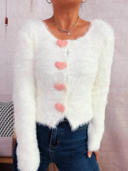 Fuzzy Heart Shape Button-Up Cardigan - IntuitiveEncBoutique