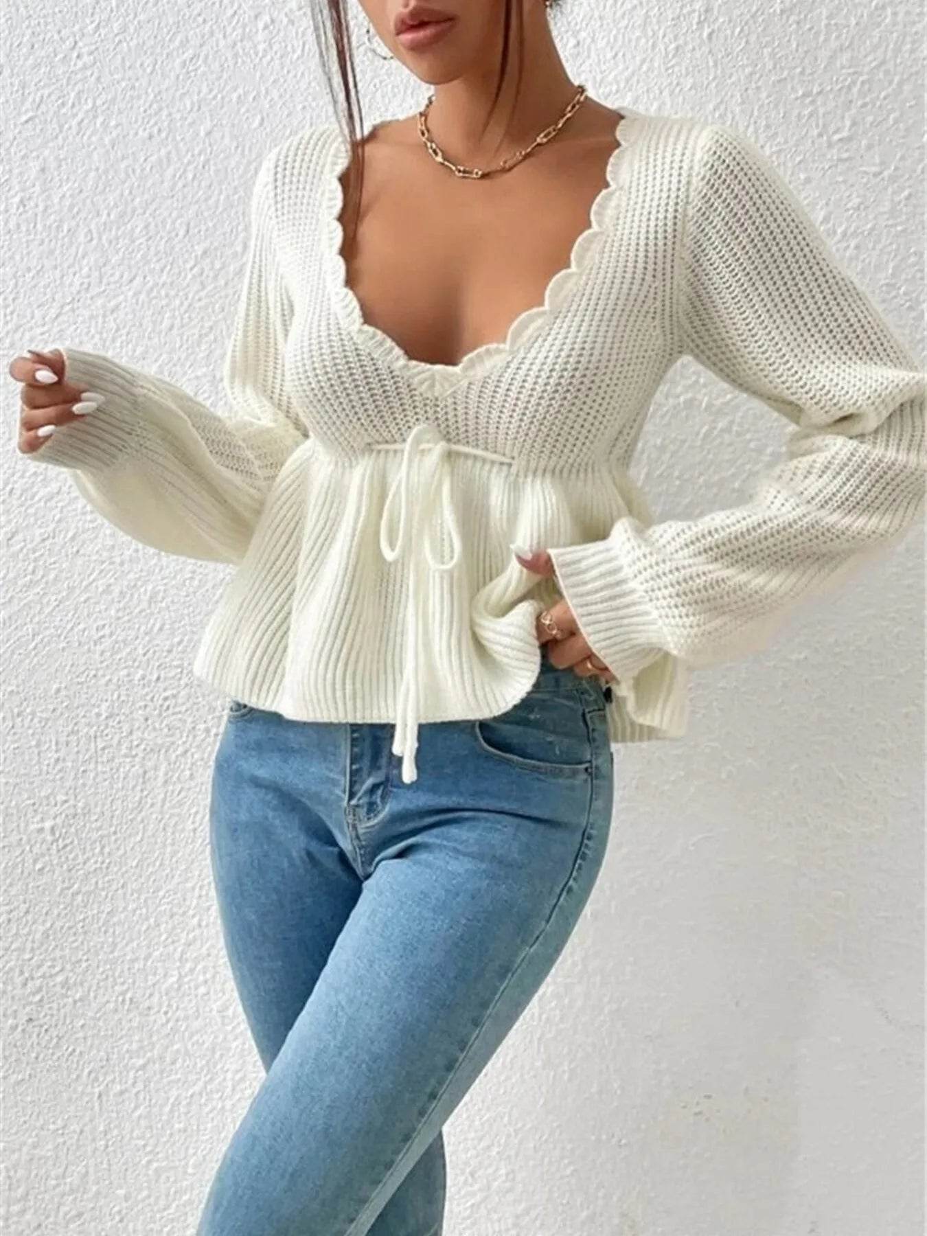 Scalloped V-Neck Drawstring Knit Top - IntuitiveEncBoutique