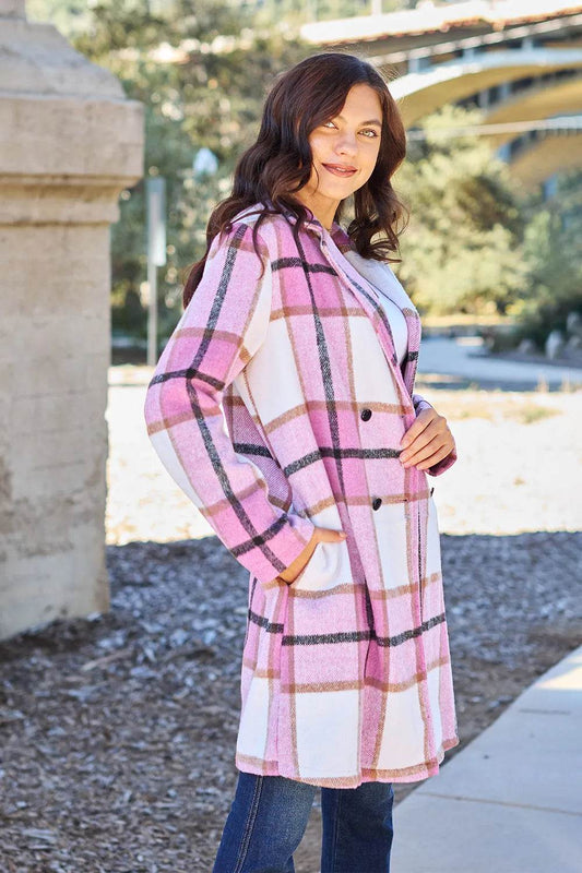 Double Take Full Size Plaid Button Up Lapel Collar Coat - IntuitiveEncBoutique