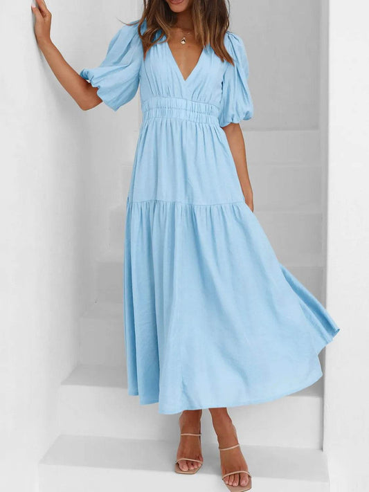 V-Neck Puff Sleeve Midi Dress - IntuitiveEncBoutique