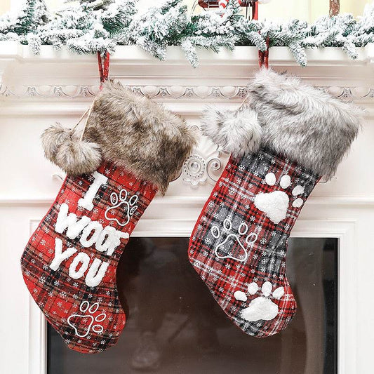 Christmas Stocking Christmas Decorations Fur Collar with Ball Plaid Printing Letter Dog Paw Seeds Pendant New Year - IntuitiveEncBoutique