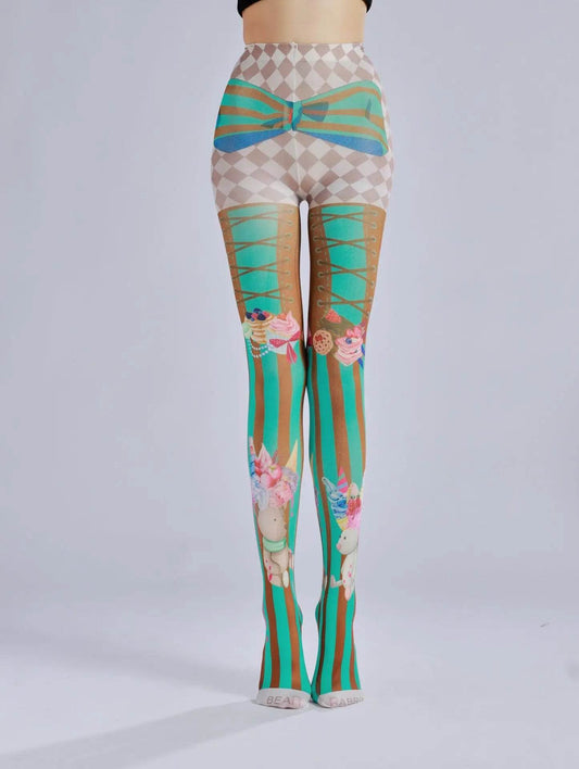 Cake ice cream printed pantyhose with striped checkered pattern as a base sock - IntuitiveEncBoutique