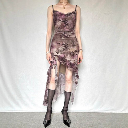 Vintage Print Irregular Hem Lace-Up Mesh Dress with Ruffle Edge and Strapless Design - IntuitiveEncBoutique