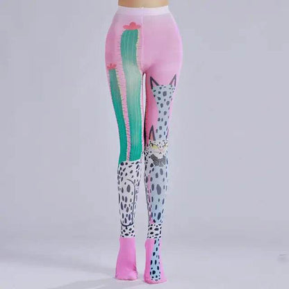 Cactus printed pantyhose with leopard print pattern as the sole personalized and fashionable pantyhose - IntuitiveEncBoutique