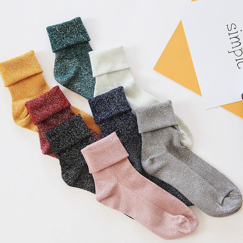 Winter Cotton Solid Shiny Woman Simple Socks Fashion Art Fold Female Student Thick Warm Socks Shiny Metallic Line Sock - IntuitiveEncBoutique