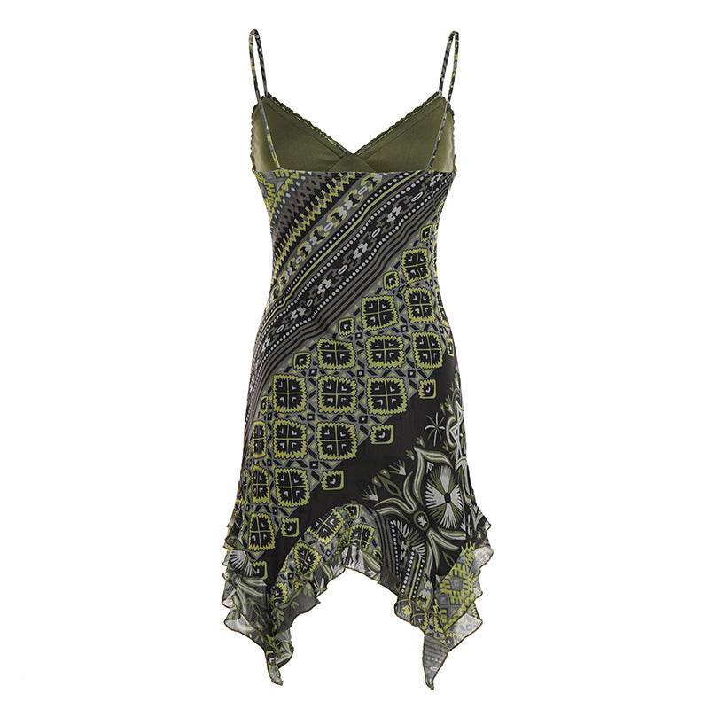 Vintage Floral Print Lace Splicing Irregular Strapless Top with Sexy V-Neck and A-Line Design - IntuitiveEncBoutique