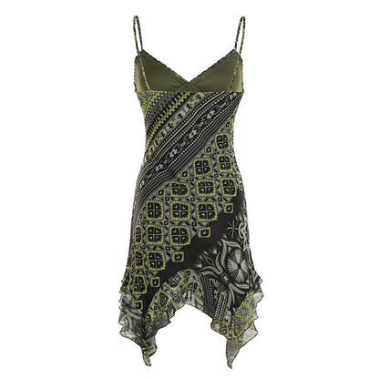 Vintage Floral Print Lace Splicing Irregular Strapless Top with Sexy V-Neck and A-Line Design - IntuitiveEncBoutique