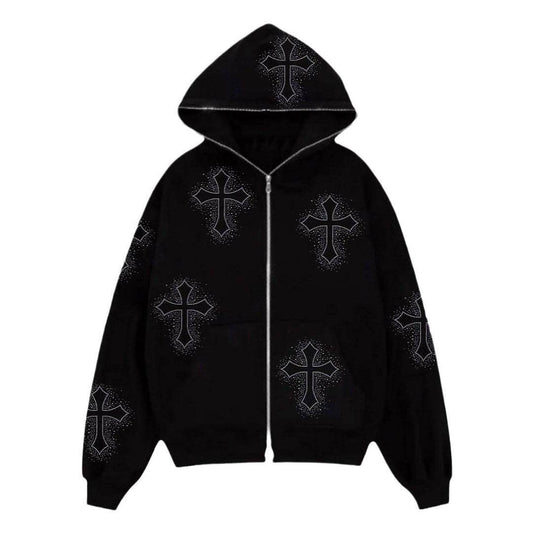 Cross-border Cross Embroidered Loose Streetwear Hooded Sweatshirt - IntuitiveEncBoutique