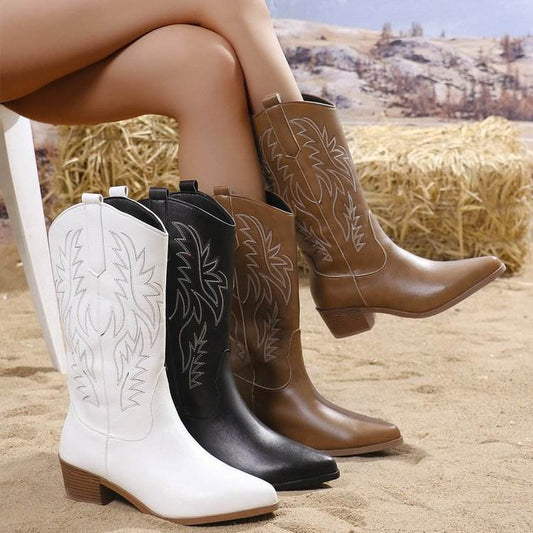 Vintage Tribal Pattern Chunky Heel Ankle Boots for Women with Embroidery Round Toe Martin Boots - IntuitiveEncBoutique