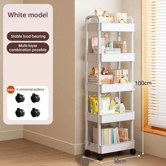 White rolling storage cart. Multifunctional, open shelves for books, ideal for kitchen & bedroom storage - IntuitiveEncBoutique