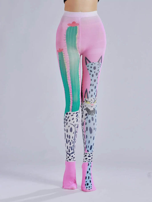 Cactus printed pantyhose with leopard print pattern as the sole personalized and fashionable pantyhose - IntuitiveEncBoutique