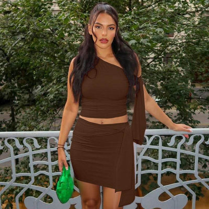 Women's Oblique Collar Tied Top with Fitted Pleated Skirt Set - IntuitiveEncBoutique