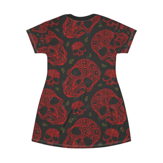 Gothic Skull T-Shirt Dress, Casual Summer Dress, Festival Style, Halloween Outfit, Edgy Fashion, AOP Print Dress - IntuitiveEncBoutique