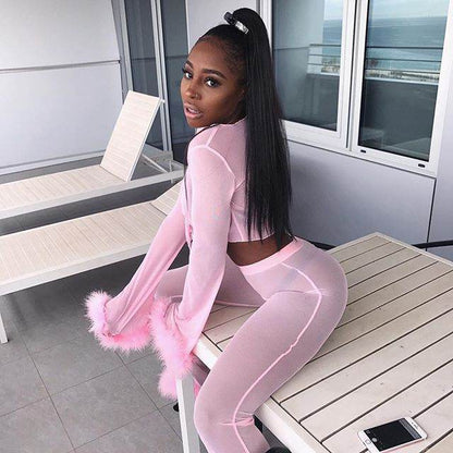 Mesh High Waist Pants and Long Sleeve Crop Top Sets Party Clubwear Sexy Faux Fur Outfit Two Piece Sets - IntuitiveEncBoutique