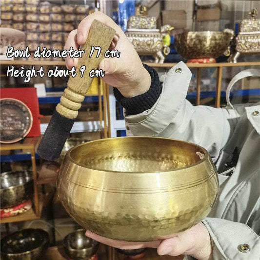 Tibetan brass singing bowl with Sanskrit – handmade meditation instrument for stress relief. - IntuitiveEncBoutique