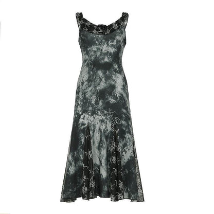 Gothic Vintage Tie-Dye Floral Ruffle Irregular Hem Dress with Sexy Lace Mesh Sleeveless Long Skirt - IntuitiveEncBoutique