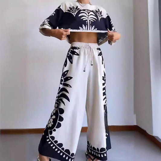 Casual Short Sleeve Set INS Loose Vacation Elastic Waist Women's Two-Piece Suit - IntuitiveEncBoutique