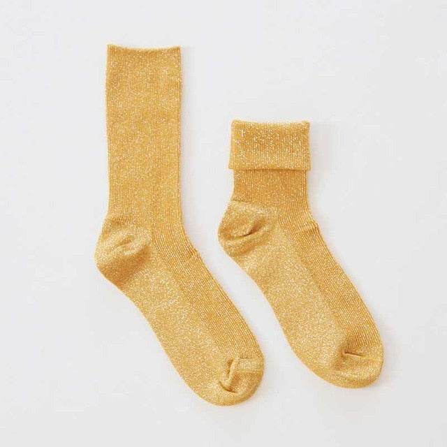 Winter Cotton Solid Shiny Woman Simple Socks Fashion Art Fold Female Student Thick Warm Socks Shiny Metallic Line Sock - IntuitiveEncBoutique
