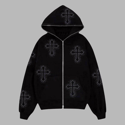 Cross-border Cross Embroidered Loose Streetwear Hooded Sweatshirt - IntuitiveEncBoutique