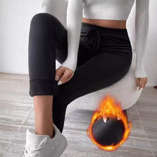 Pure Color Fleece Drawstring Slim Warm High-Waist Outerwear Leggings - IntuitiveEncBoutique