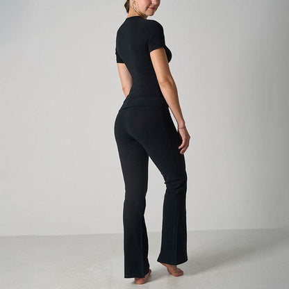 Classic Cotton Jersey Set -Casual Yoga Flare Pants with Short Sleeve - IntuitiveEncBoutique