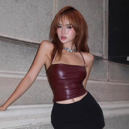 Lover's Unforgettable Motorcycle Style Girl PU Spliced One-Shoulder Halter Backless Top Sexy - IntuitiveEncBoutique
