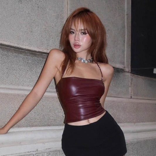 Lover's Unforgettable Motorcycle Style Girl PU Spliced One-Shoulder Halter Backless Top Sexy - IntuitiveEncBoutique