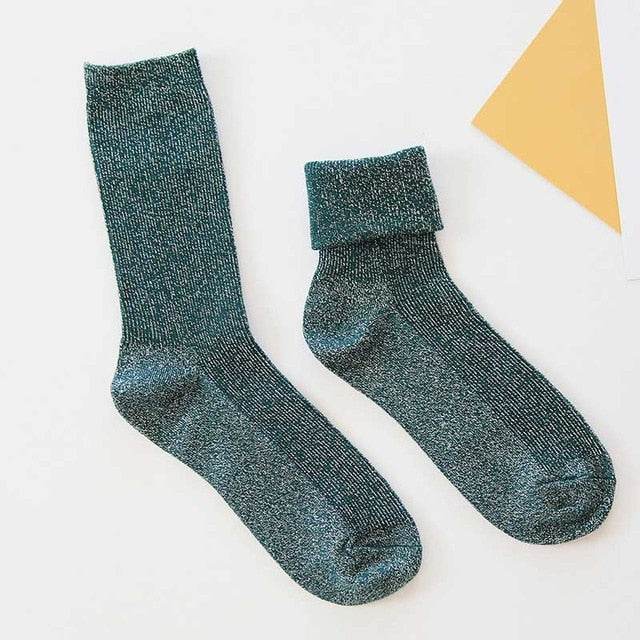 Winter Cotton Solid Shiny Woman Simple Socks Fashion Art Fold Female Student Thick Warm Socks Shiny Metallic Line Sock - IntuitiveEncBoutique
